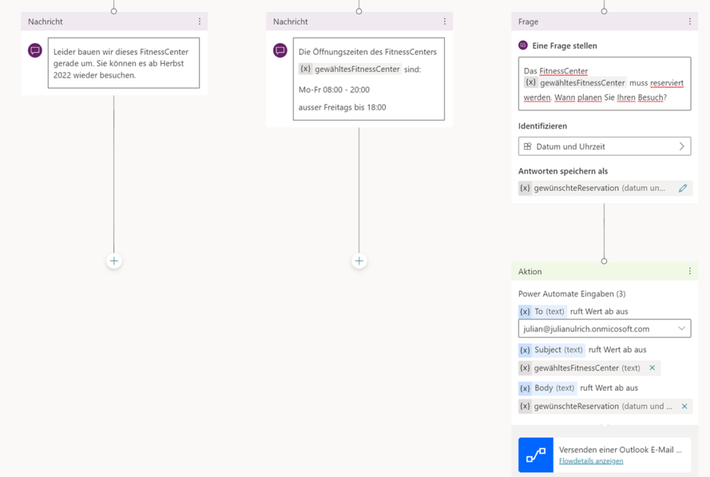 Screenshot aus Power Virtual Agents: Einer der Gesprächsverläufe nutzt die Aktion «Call an Action» und startet eine Power Automate Workflow.