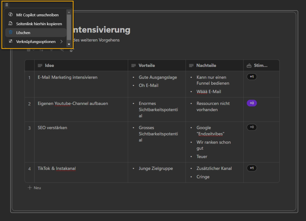 Screenshot aus Microsoft Loop: Loop Komponente löschen