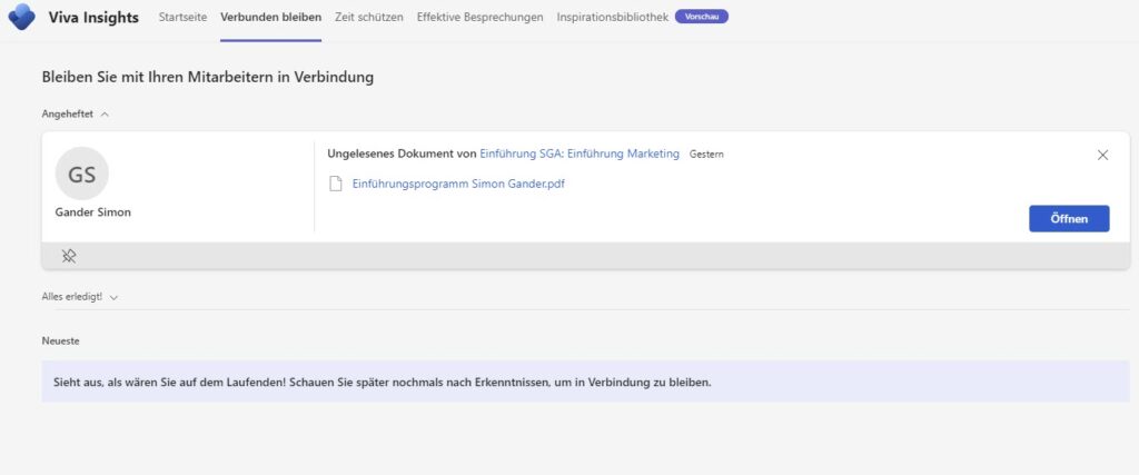 Microsoft Viva Insights: Erinnerung an ein noch nicht gelesenes Dokument