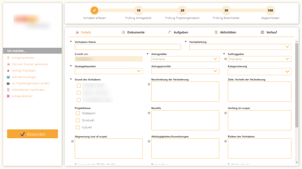 Ein Fortschrittsbalken visualisiert den aktuellen Stand im Ausfüllen eines Genehmigungsformulares.