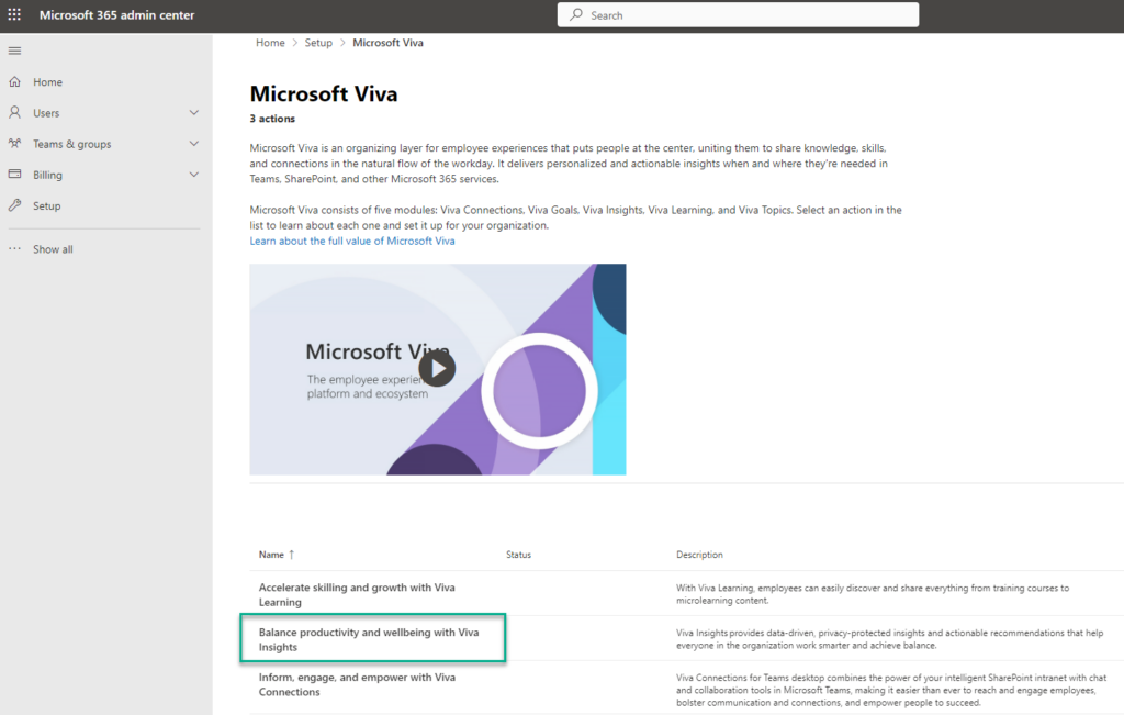 Screenshot aus dem Microsft 365 Admin Center: Viva Insights aktivieren