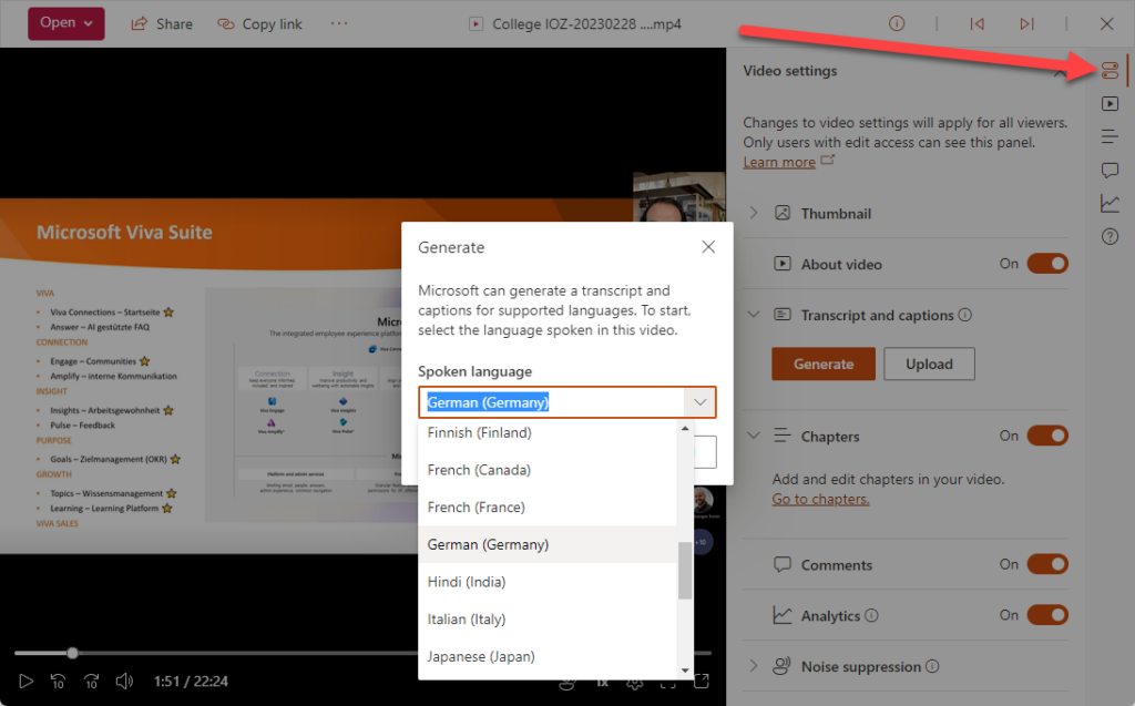 Screenshot aus Stream on SharePoint: Generieren eines automatischen Video Transkripts