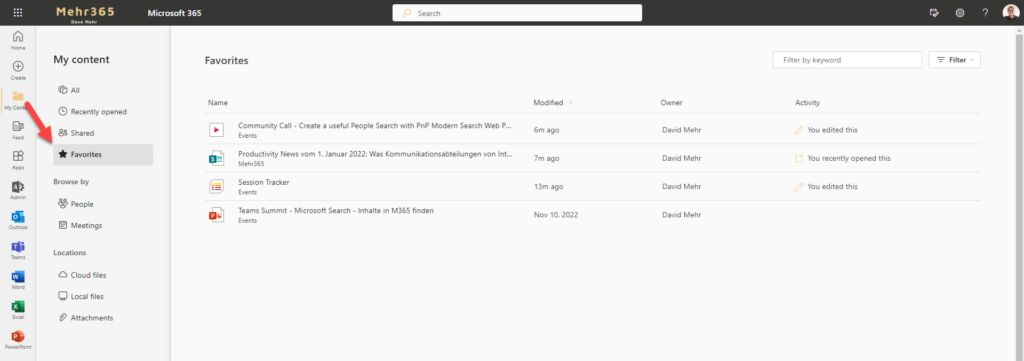Screenshot aus Microsoft 365: Favoriten unter My Content aufrufen
