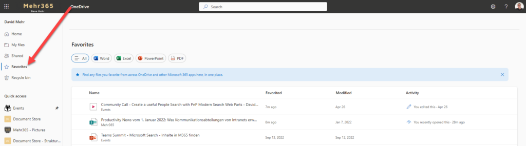 Favoriten in OneDrive anzeigen lassen