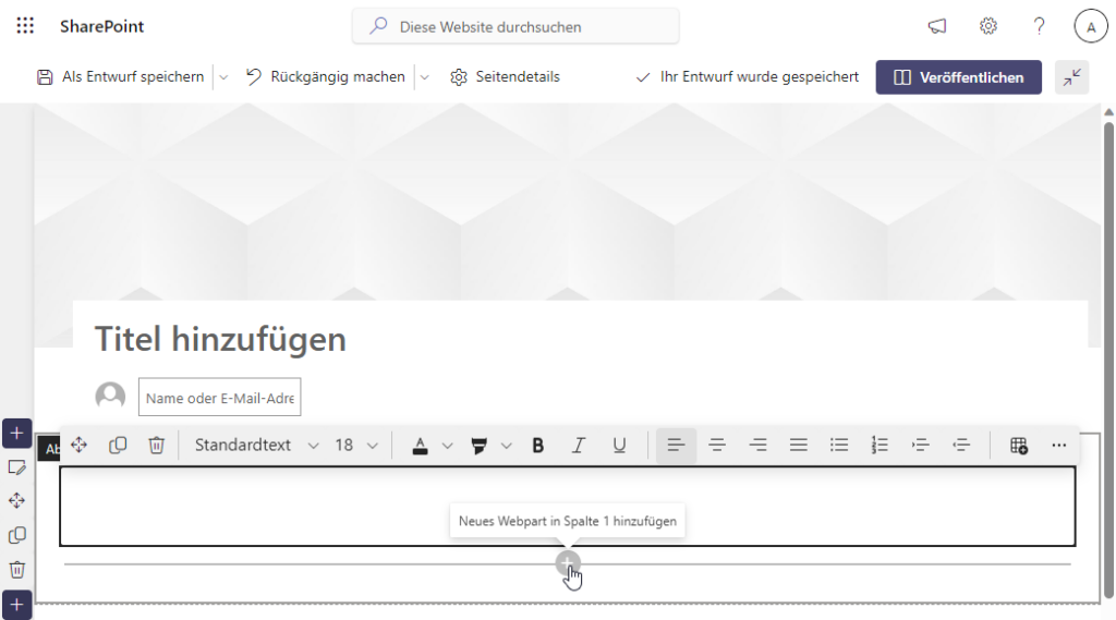 Screenshot aus SharePoint: Erstellen und Gestalten einer neuen SharePoint Seite mit WYSIWYG-Editor