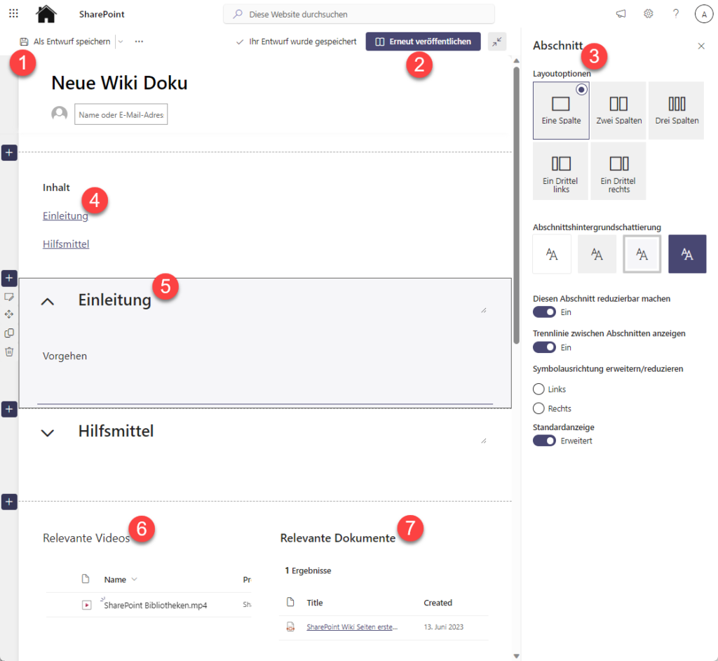 Screenshot einer Wiki-Beispielsseite in SharePoint Online