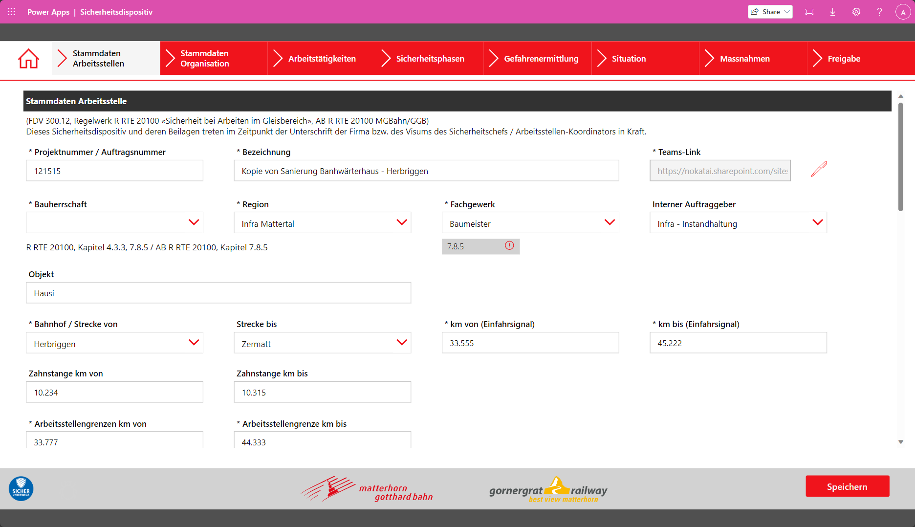 Sicherheitsdispositiv App Erfassungsmaske