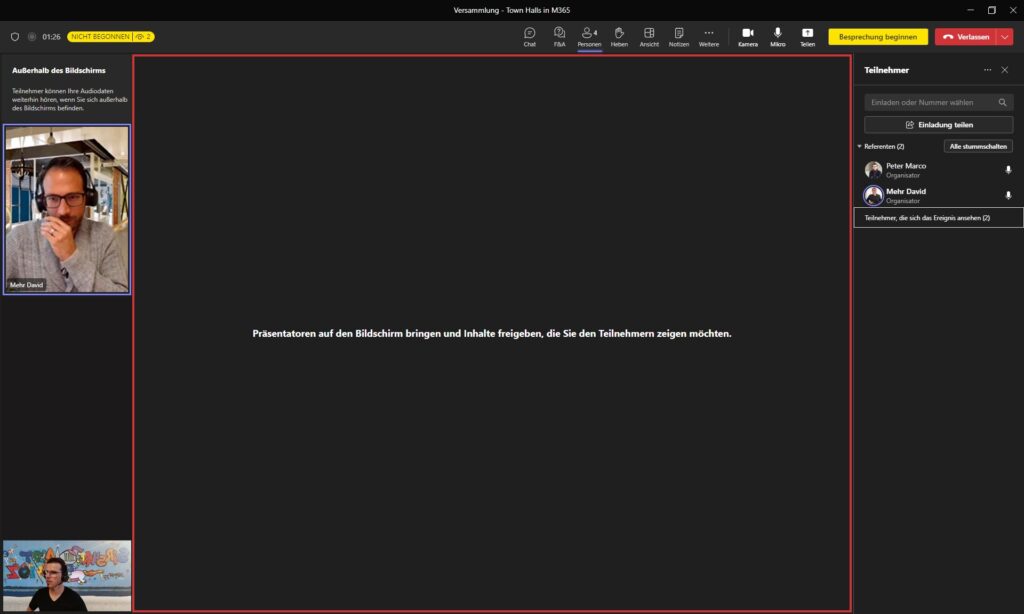 Screenshot aus Microsoft Teams Town Halls: Greenroom vor Live-Schaltung