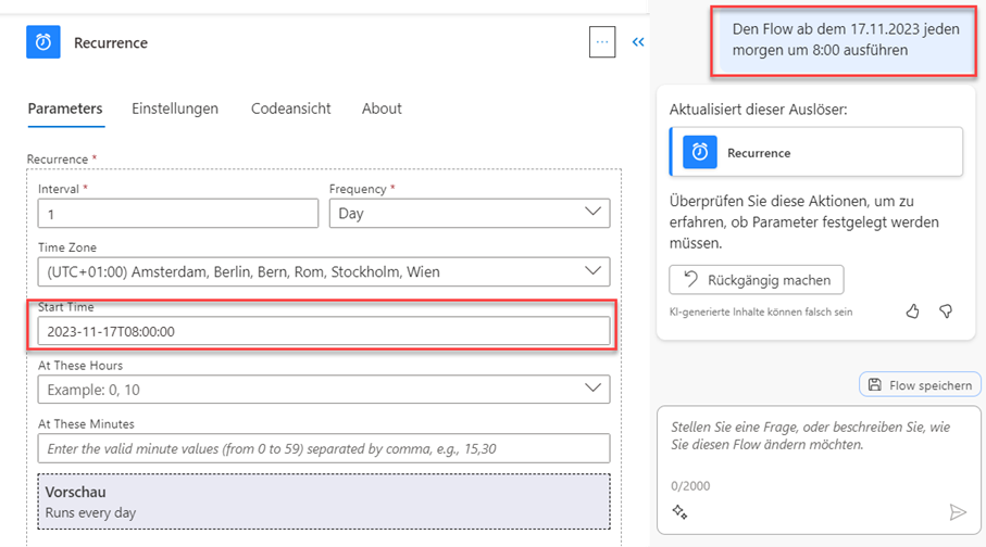 Screenshot aus Power Automate: Anpassung des Ausführungsintervalles mittels Instruktion in der Copilot-Sidebar