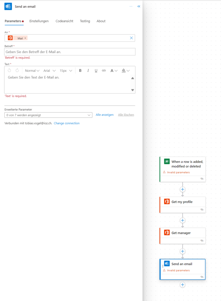 Screenshot aus Power Automate mit der Flow-Action send E-Mail.