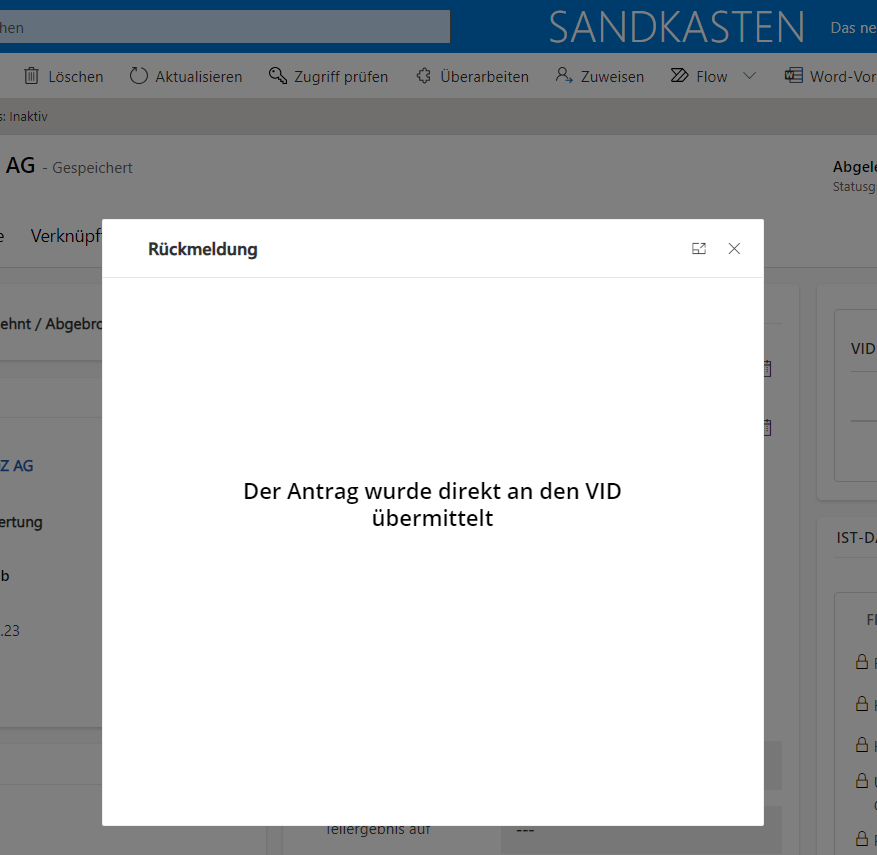 Gleicher Screenshot mit der Bestätigungsmeldung, dass der Antrag direkt an den VID übermittelt wurde.