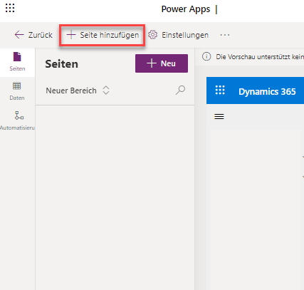 Screenshot aus Power Apps, welcher den Button +Neue Seite hinzufügen  zeigt