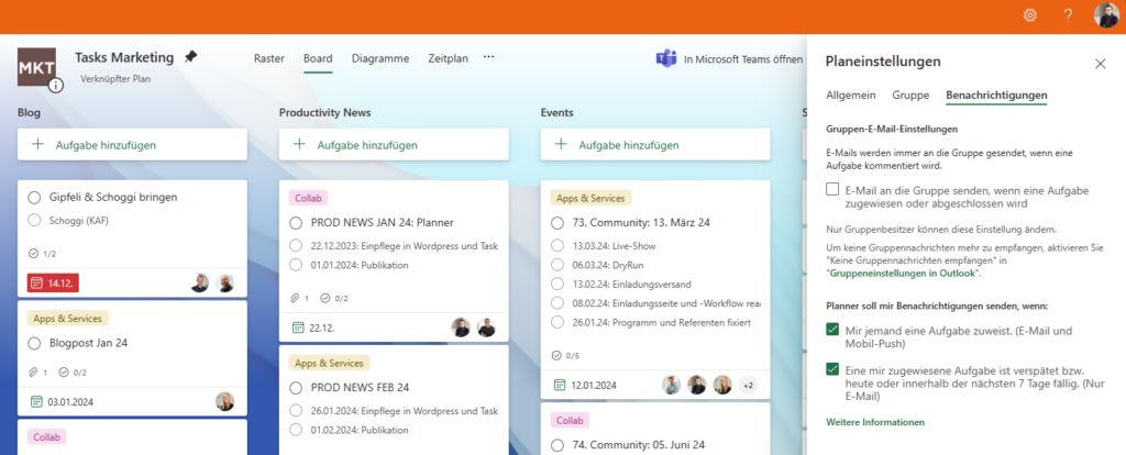 Screenshot aus Microsoft Planner mit geöffneten Planeinstellungen. Hier befinden sich die Benachrichtigungseinstellungen.