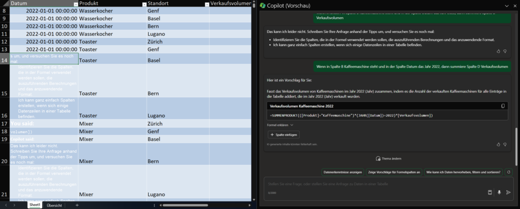 Screenshot aus Excel: Der Copilot überschreibt Tabelleninhalte.