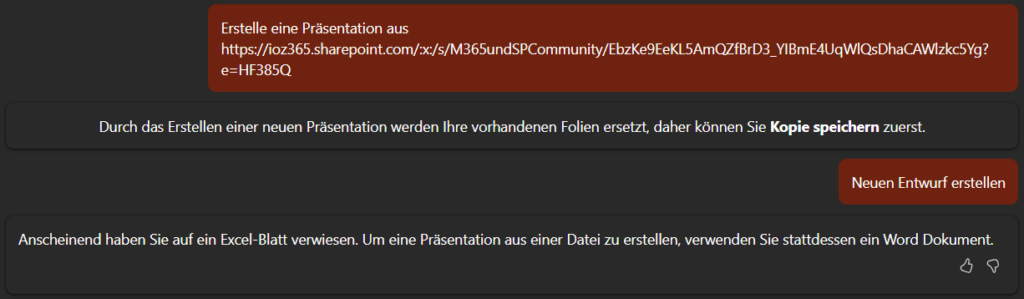 Screeshot aus PowerPoint: Copilot erstellt keine Präsentation anhand eines Excel-Files.