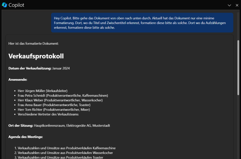 Screenshot aus Word: Copilot formatiert Inhalte sinnvoll, doch leider im Chat-Bereich und nicht direkt im Dokument.