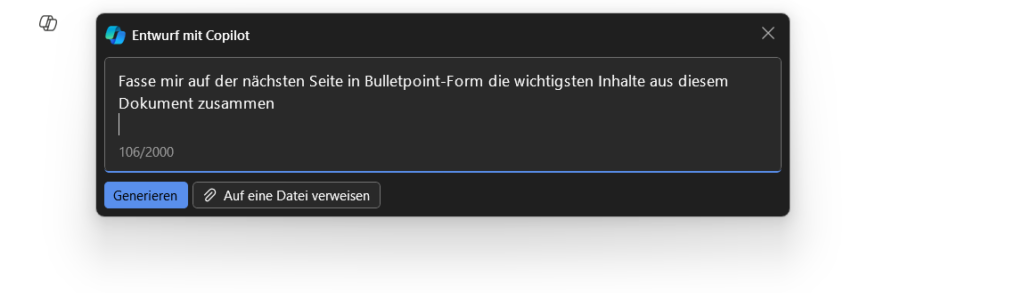 Screenshot aus Word: Copilot Prompting-Box mitten im Dokument