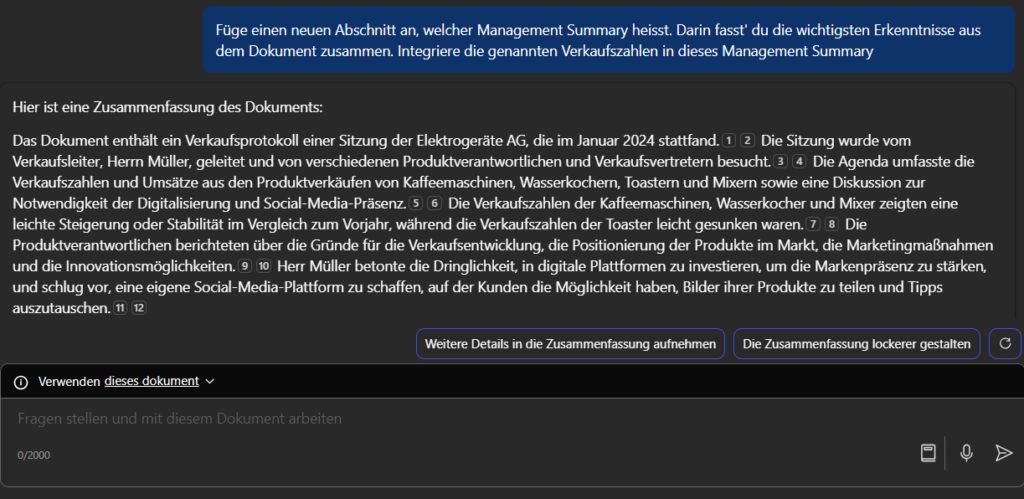 m365 copilot word zusammenfassen klappt