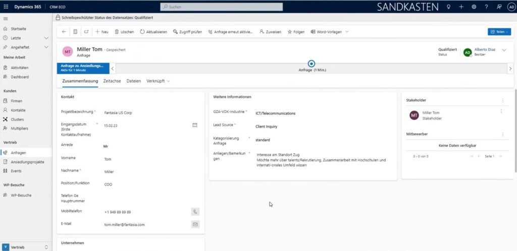 Screenshot aus Dynamics CRM: Ansiedelungsprozess als BPF abgebildet