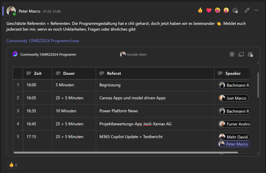 Screenshot aus Microsoft Teams: Loop Komponente Tabelle für die Programmplanung der Community-Events