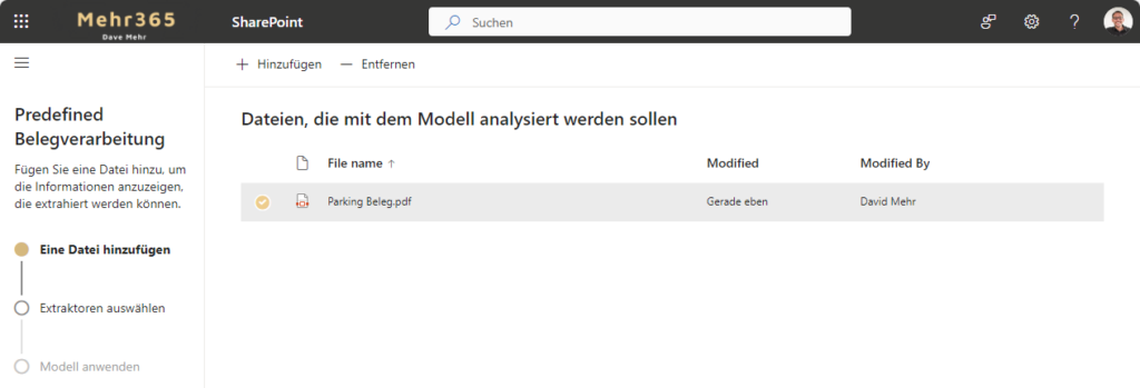 Screenshot aus SharePoint Premium: Wizard steht beim ersten Schritt, in welchem ein PDF mit Parkgebühren hinzugefügt wurde.