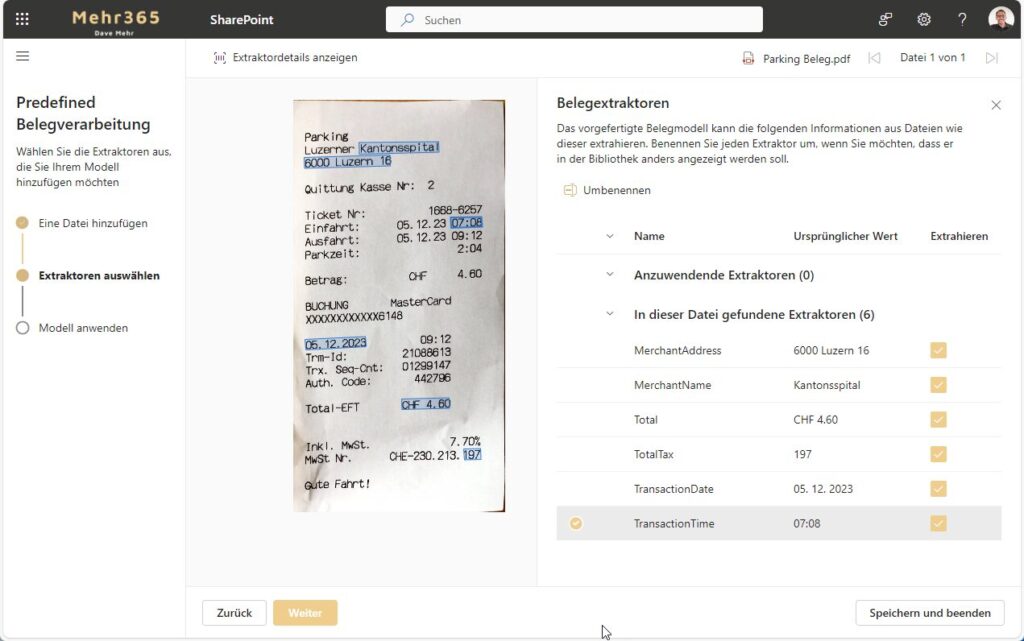 Screenshot aus SharePoint Premium: Die KI erkennt auf dem hochgeladenen Parkticket automatisch Daten wie das Datum, den Betrag oder die Uhrzeit und merkt diese mit einer blauen Box an.