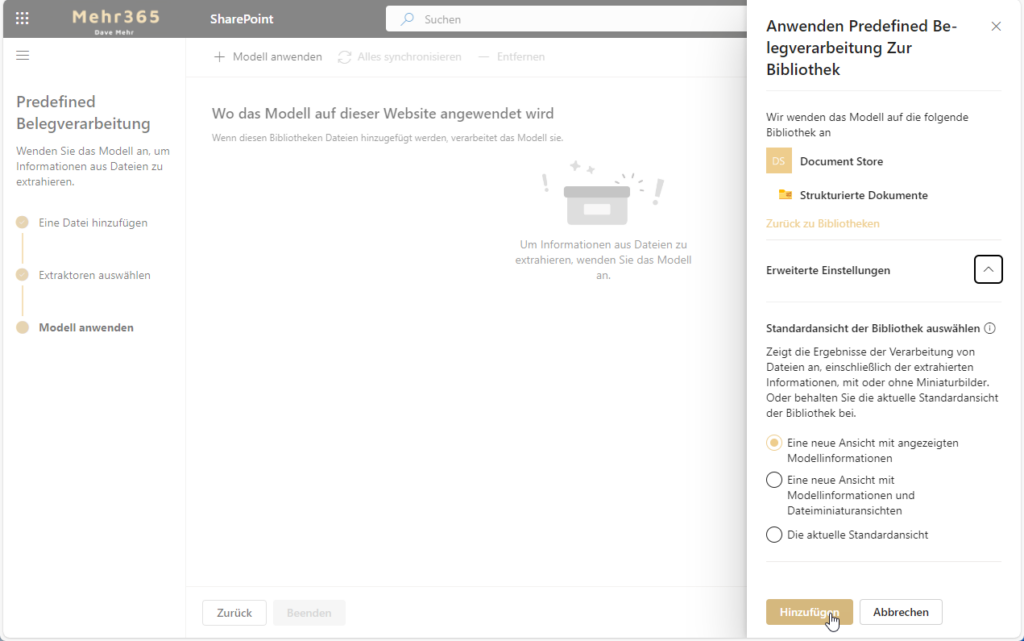 Screenshot aus SharePoint Premium: Neues Modell auf eine Bibliothek anwenden und eine Ansicht erstellen