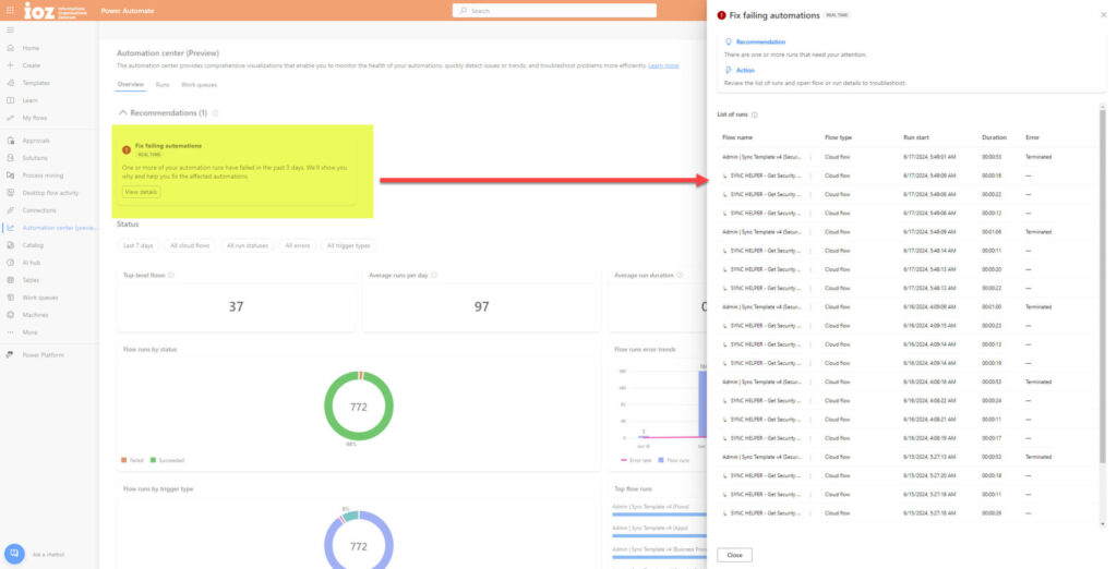 Screenshot aus dem Power Automate Automation Center: Die Funktion «Fix failing automations» ist aktiviert und eine Übersicht mit allen Flows zeigt einige Flows mit Fehlermeldungen.