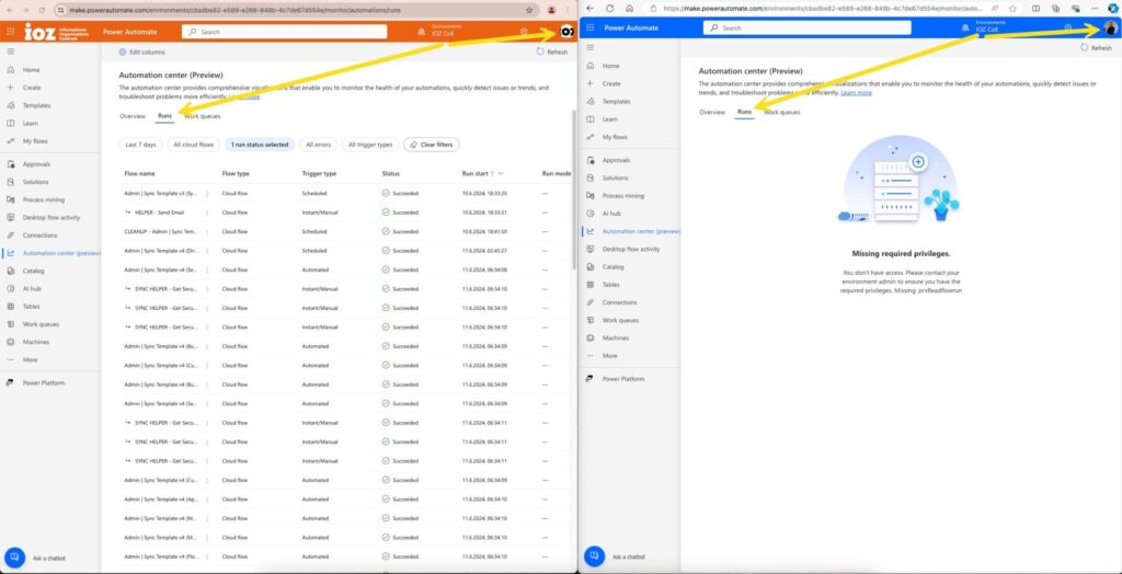 Tab mit den Flow Ausführungen im Power Automate Automation Center